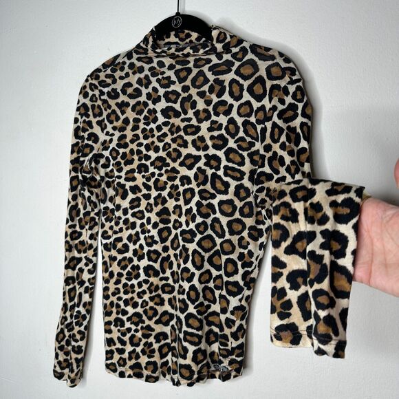 BLDWN Tan and Black Cheetah Knit Print Long Sleeve Mock Neck Fitted Knit Top S - Picture 2 of 10